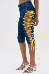 CUTE AS CAN BE LACE-UP DENIM CAPRI