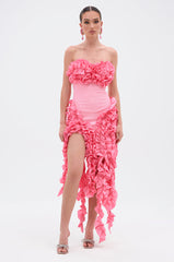 CITY LIGHTS RUFFLE MIDI DRESS IN LIGHT PINK