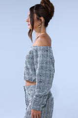 DRESSY VIBES OFF THE SHOULDER SWEATSHIRT