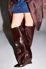AZALEA WANG KENYA BROWN KNEE HIGH WEDGE BOOT