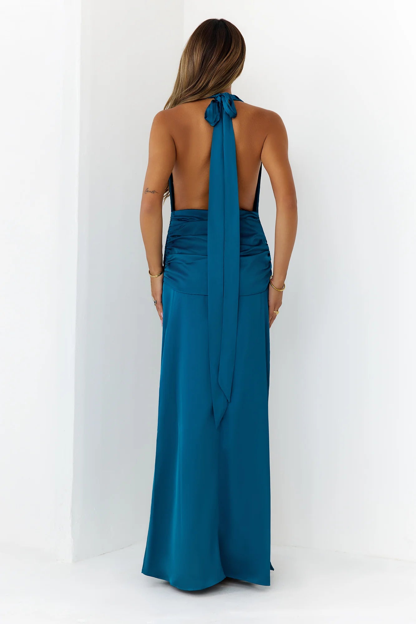 In Elegance Satin Halter Maxi Dress Teal