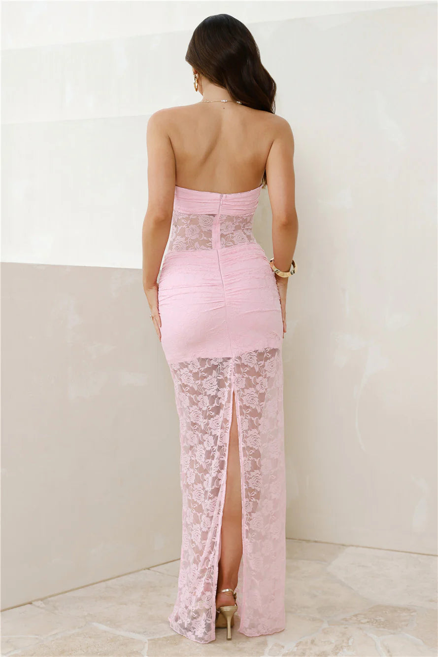 Princess Perks Strapless Lace Maxi Dress Pink