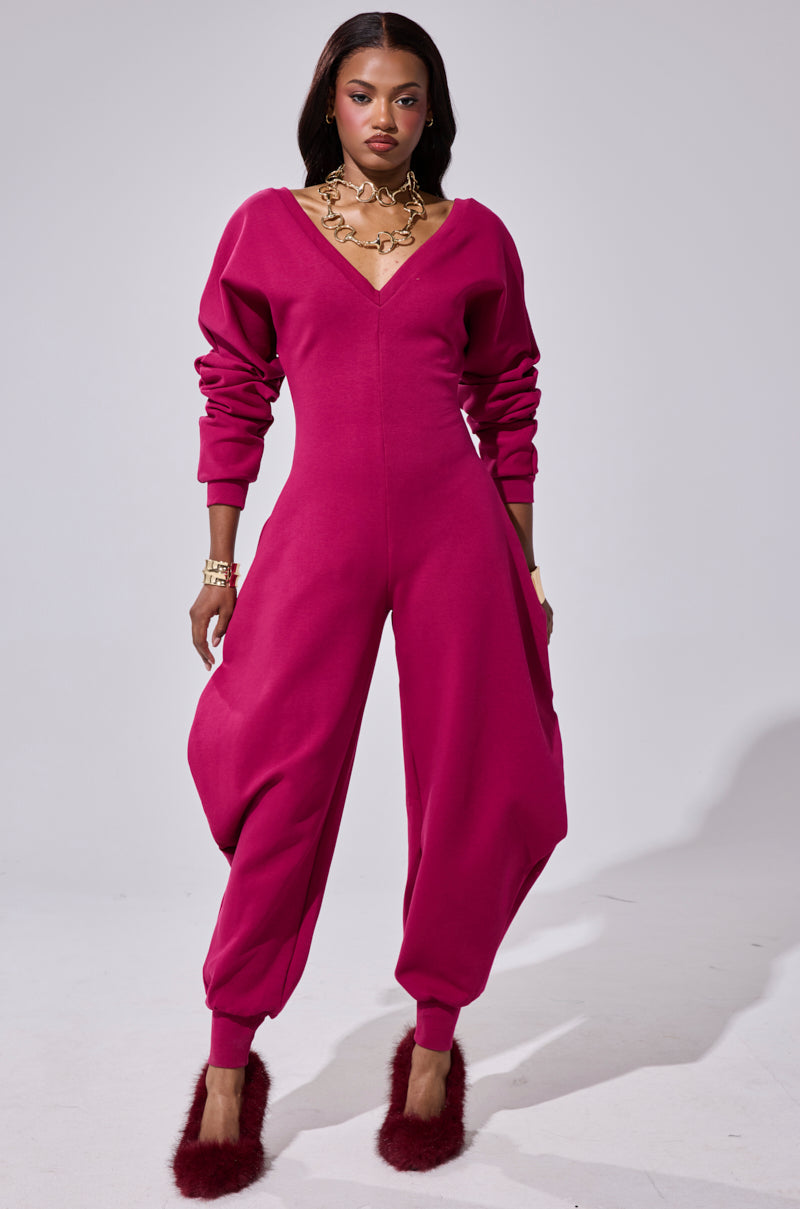 COMFY COZY SWEATSHIRT JUMPSUIT IN PLUM