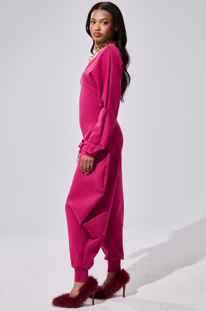 COMFY COZY SWEATSHIRT JUMPSUIT IN PLUM