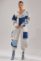 COMFY COZY SWEATSHIRT JUMPSUIT IN PATCHWORK DENIM