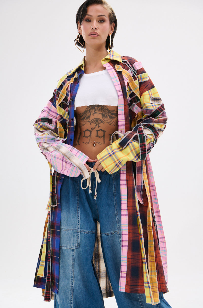 DONT EVEN MIXED PLAID LONG BUTTON DOWN