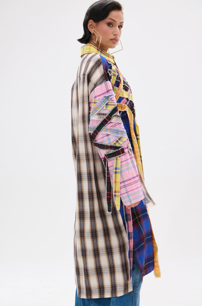 DONT EVEN MIXED PLAID LONG BUTTON DOWN