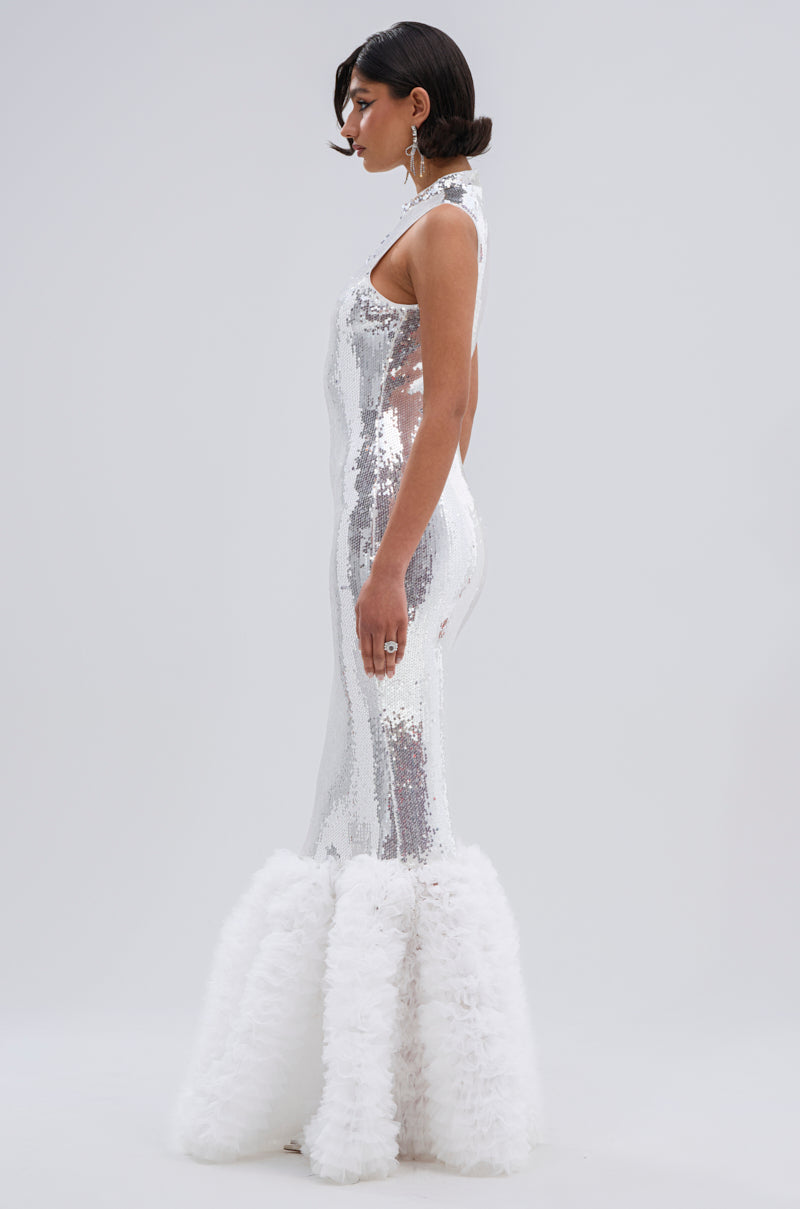 BELLE OF THE BALL SEQUIN RUFFLE MAXI DRESS IN WHITE
