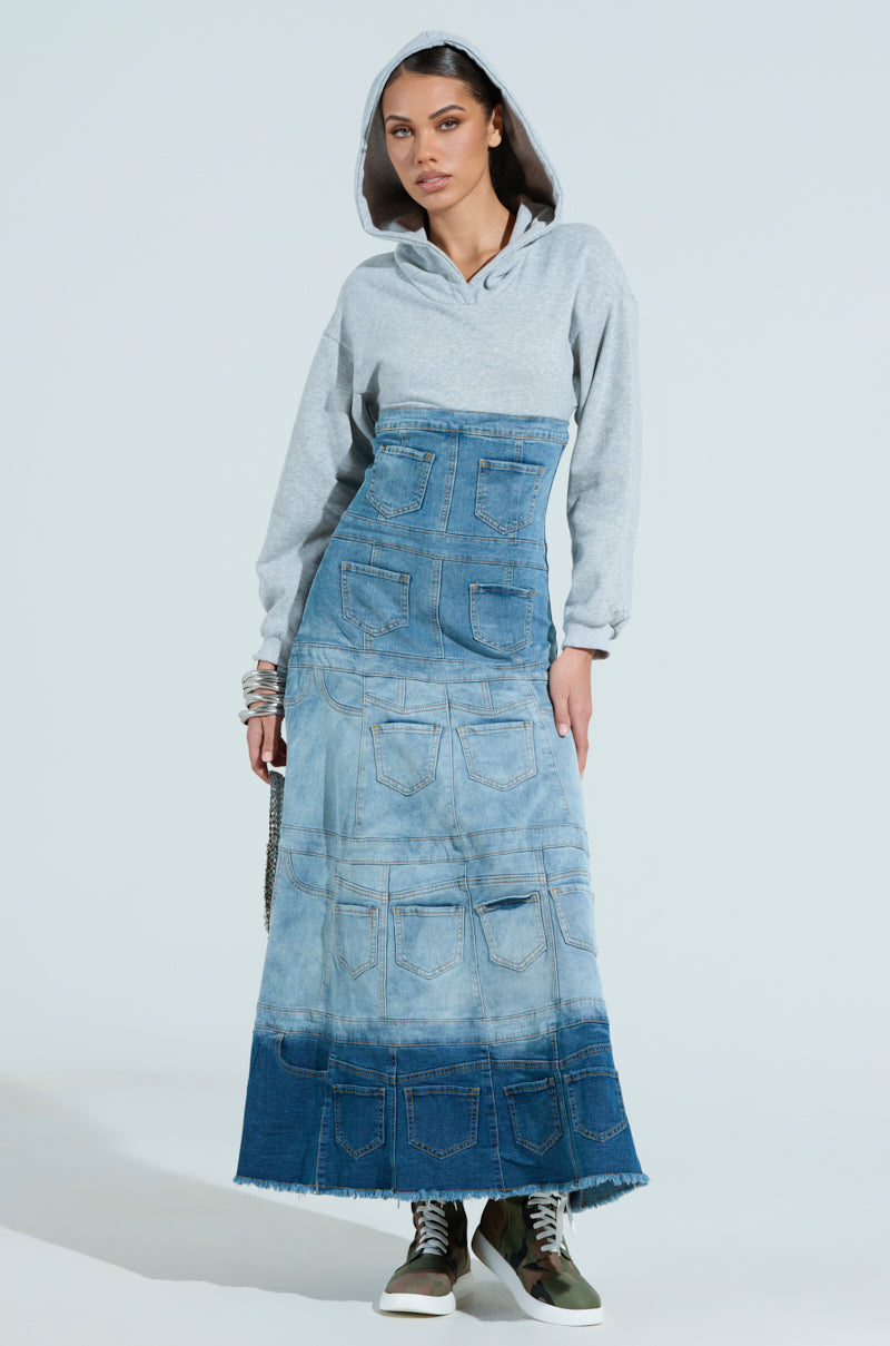 DENIM ON DENIM LAYERED MAXI DRESS WITH HOOD