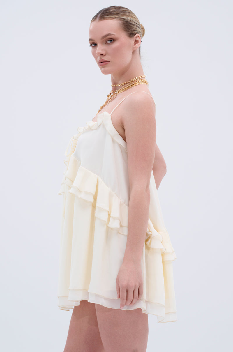 EASY BREEZY RUFFLED MINI DRESS IN IVORY