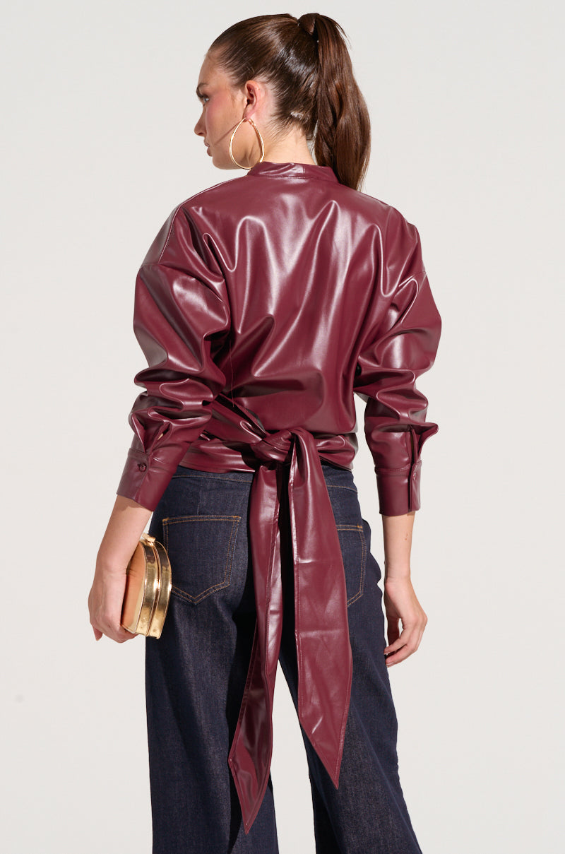DYLAN FAUX LEATHER WRAP FRONT BLOUSE