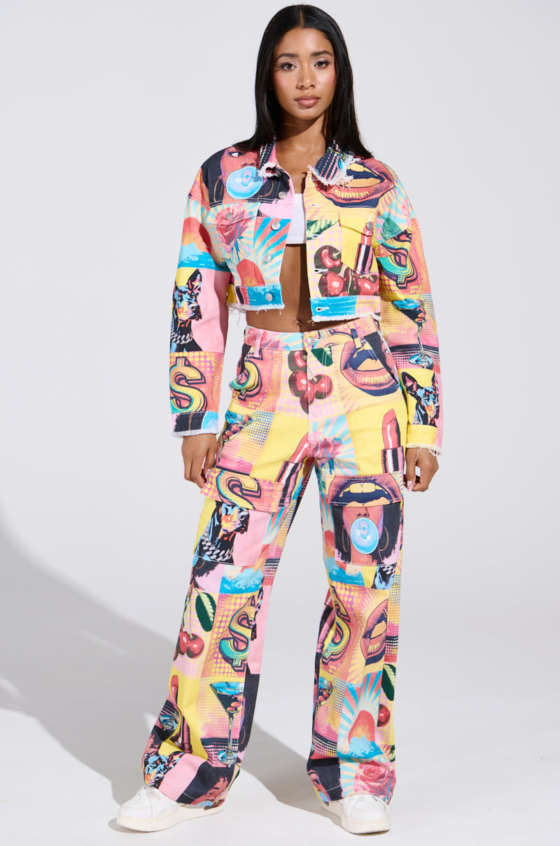 ELECTRIC PRINTED DENIM CARGO PANTS