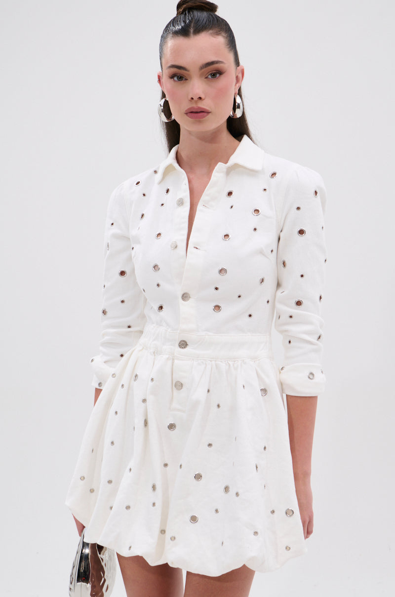 CUT IT OUT DENIM MINI DRESS WITH GROMMETS