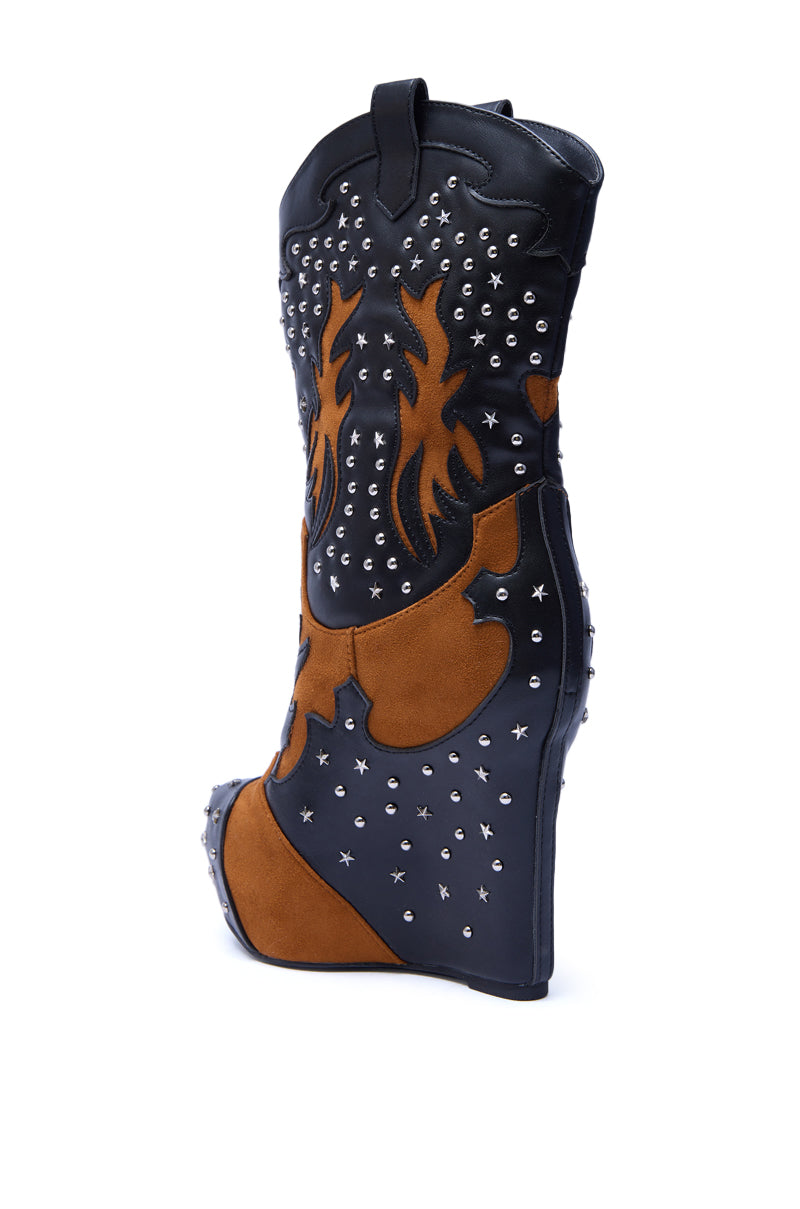 AZALEA WANG CALLIA BLACK MULTI WESTERN WEDGE BOOTIE