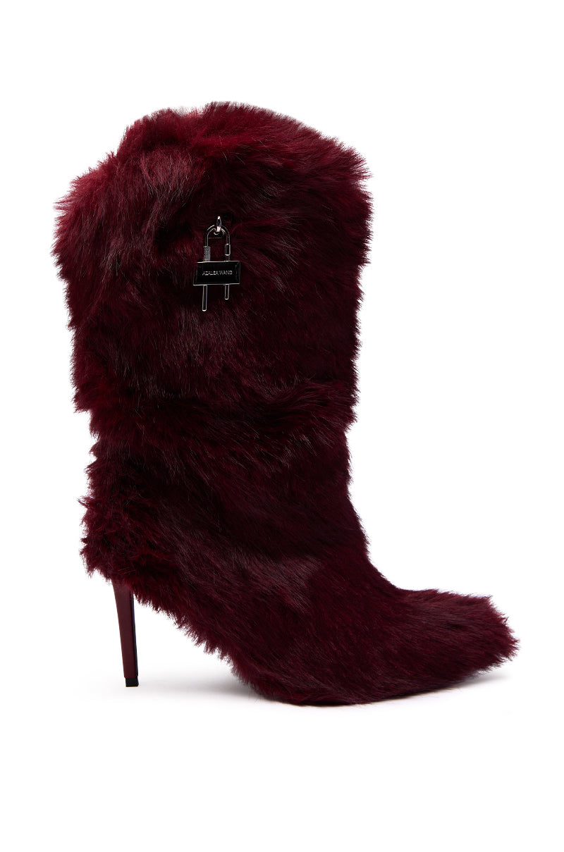 AZALEA WANG DAMME RED FUR BOOTIE WITH LOCK DETAIL