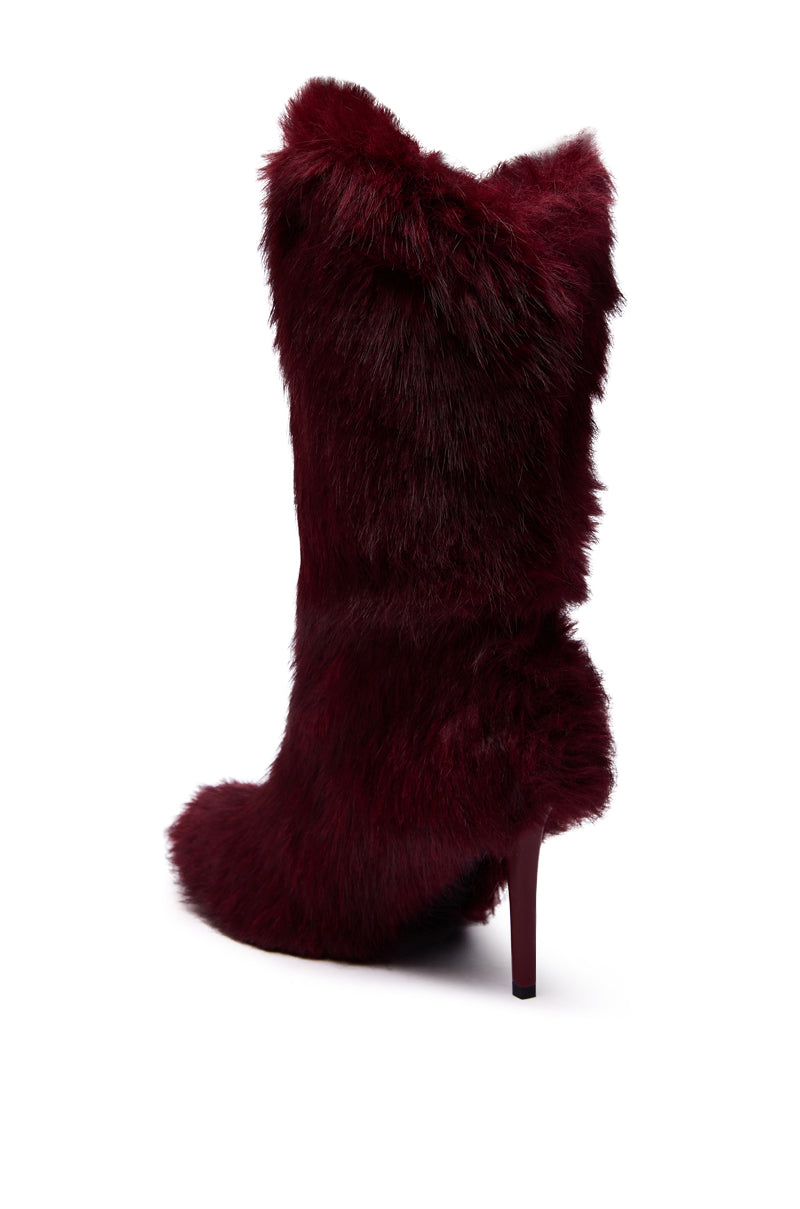 AZALEA WANG DAMME RED FUR BOOTIE WITH LOCK DETAIL