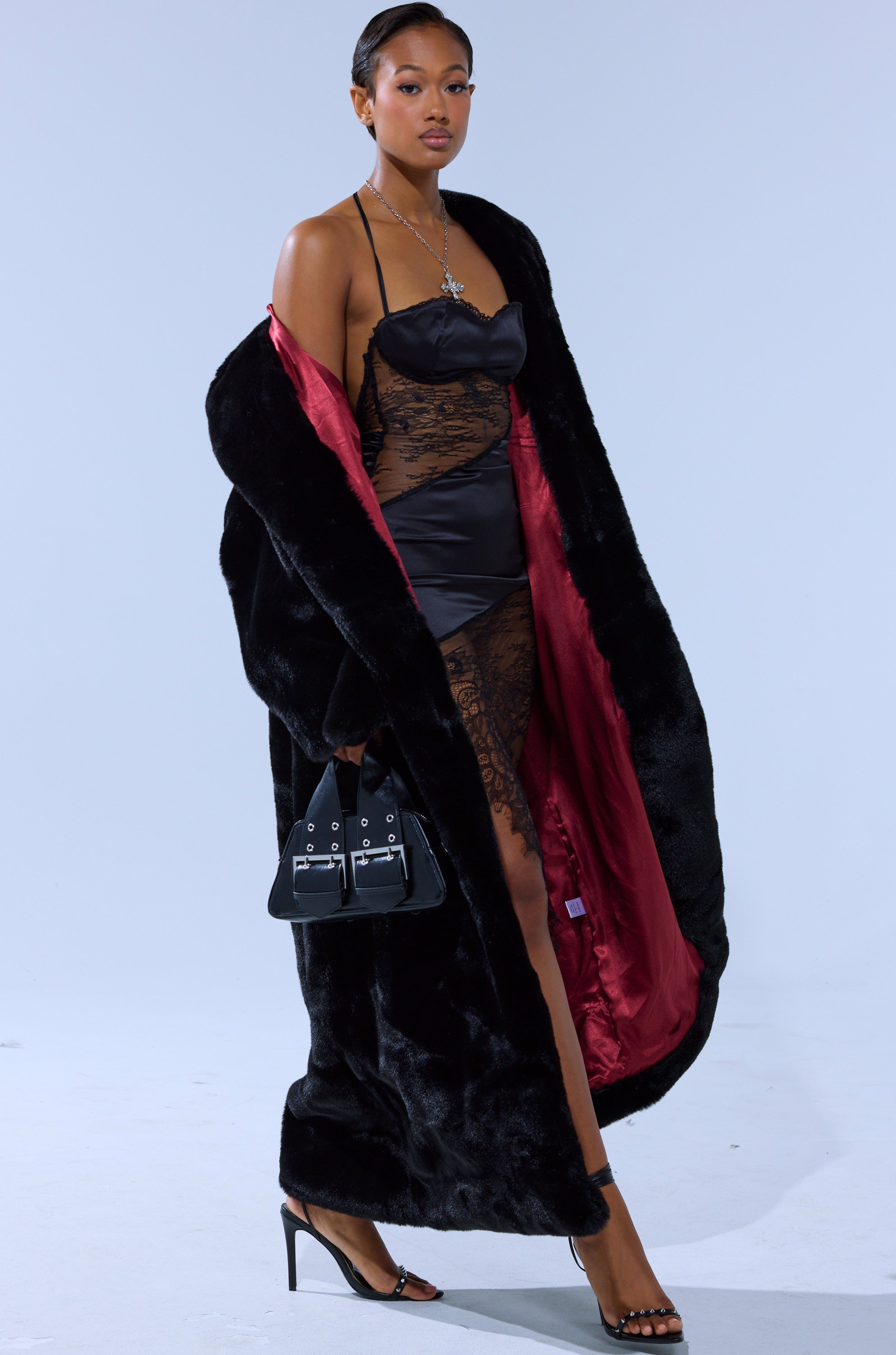 DAYANNE LONG SATIN LINING FAUX FUR TRENCH COAT