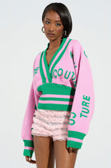 COUTURE DOWN STRIPED V-NECK SWEATER