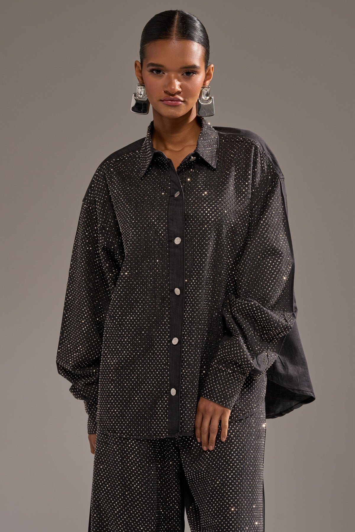 BLING BLING DENIM BUTTON DOWN TOP IN BLACK