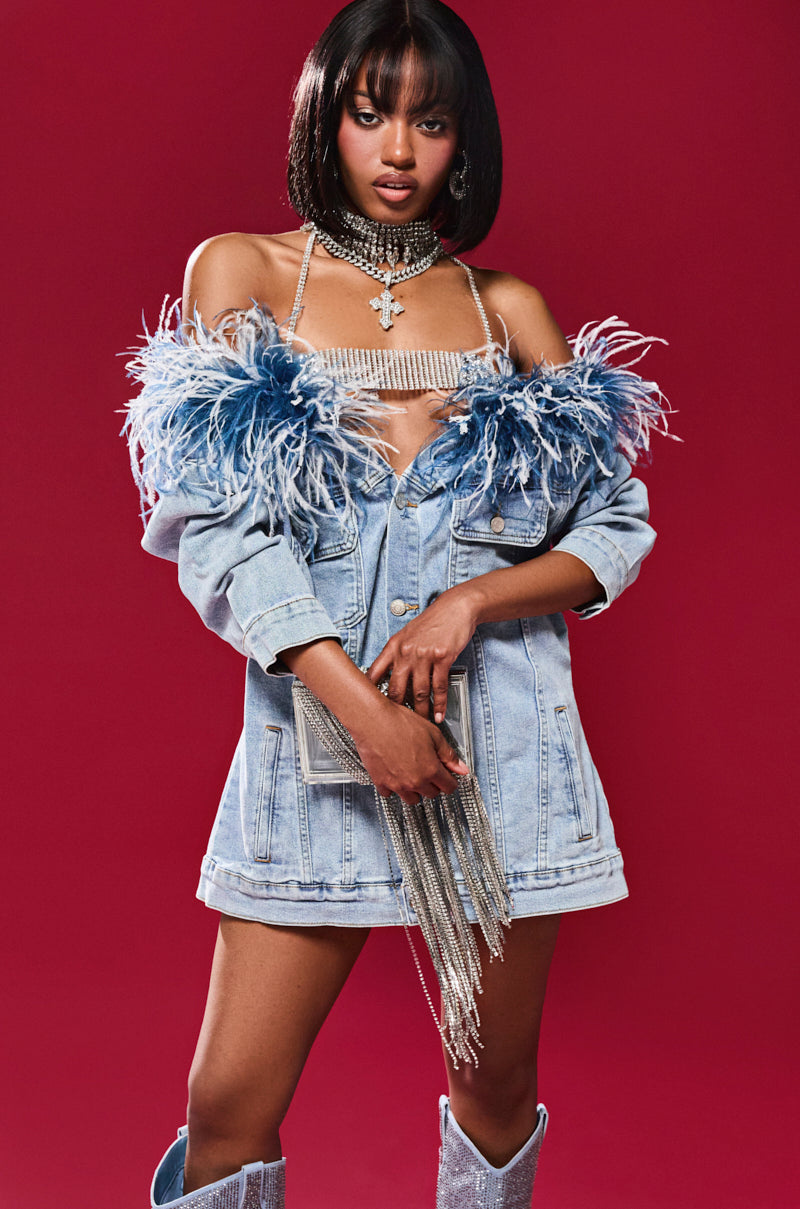 CHIC AF DENIM MINI DRESS WITH FEATHERS