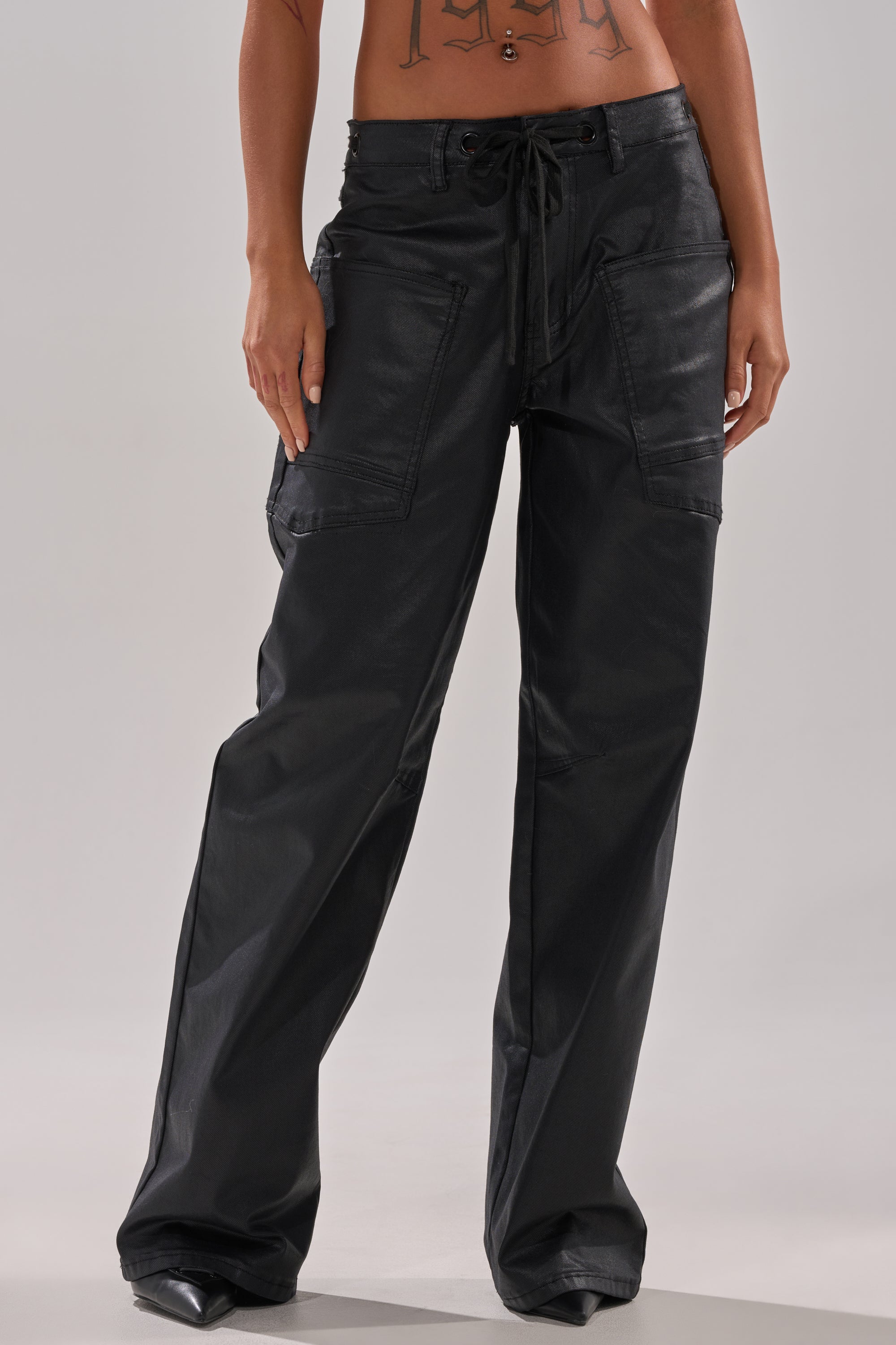 DONT GIVE UP COATED WIDE LEG DENIM WITH GROMMET
