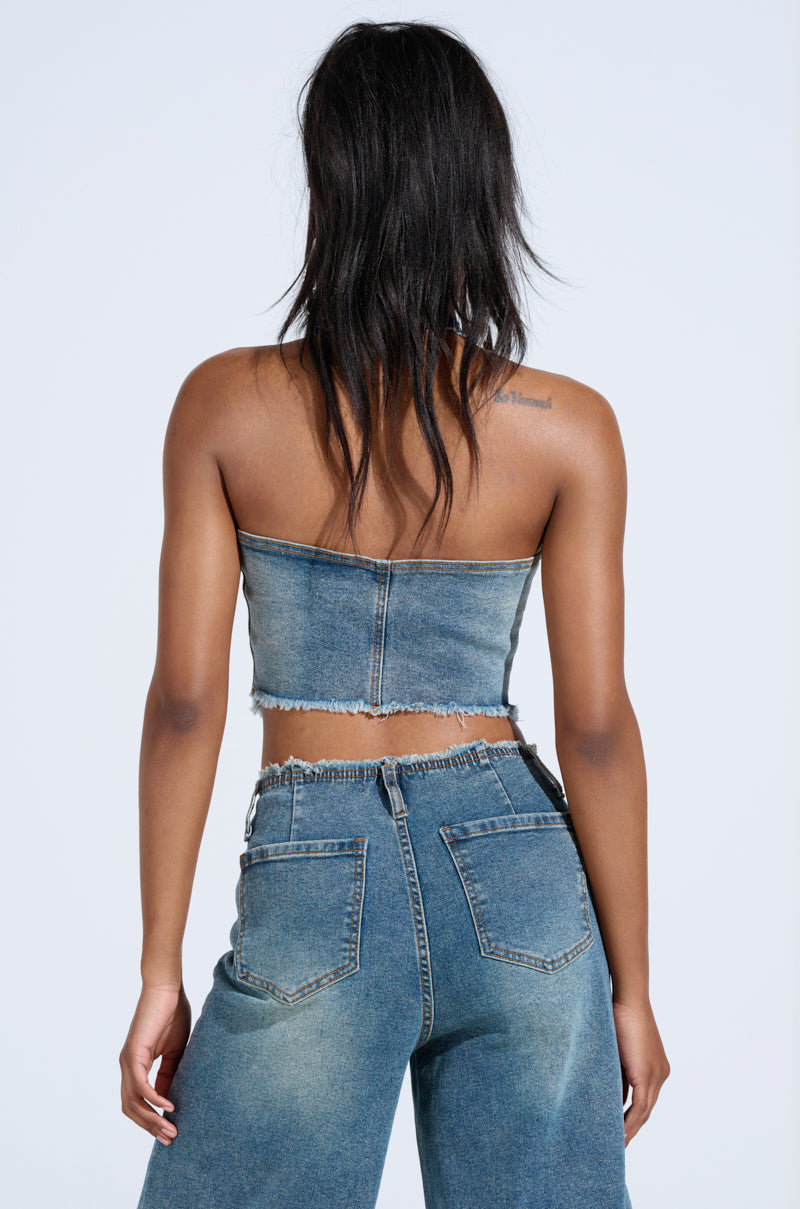BREAK UP WITH HIM DENIM HALTER TOP