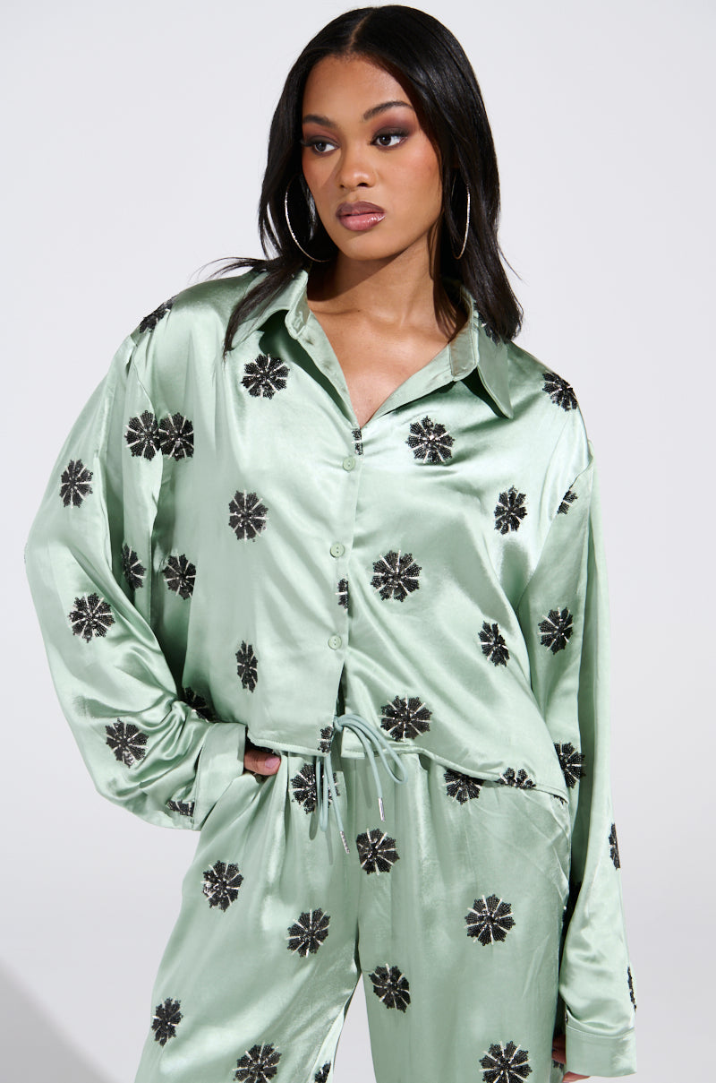 DREAMS COMING TRUE SATIN BUTTON DOWN TOP