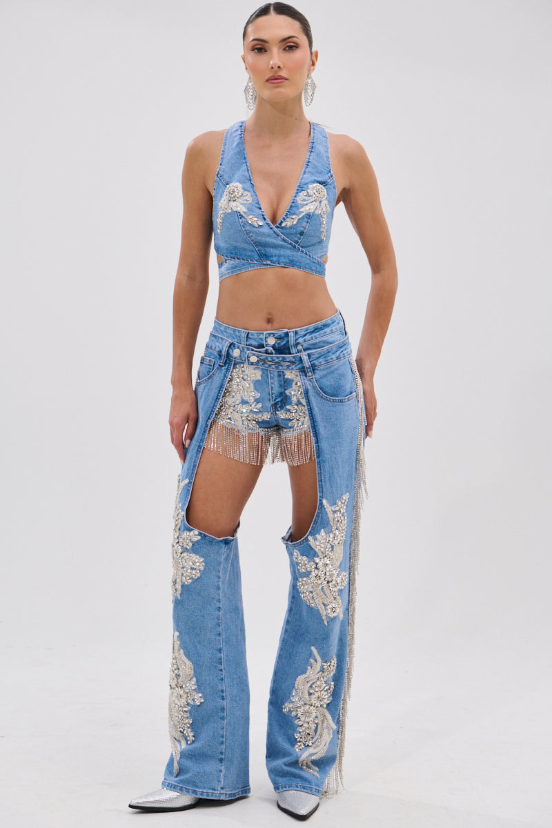 DIVALICIOUS DENIM BRA TOP IN LIGHT BLUE