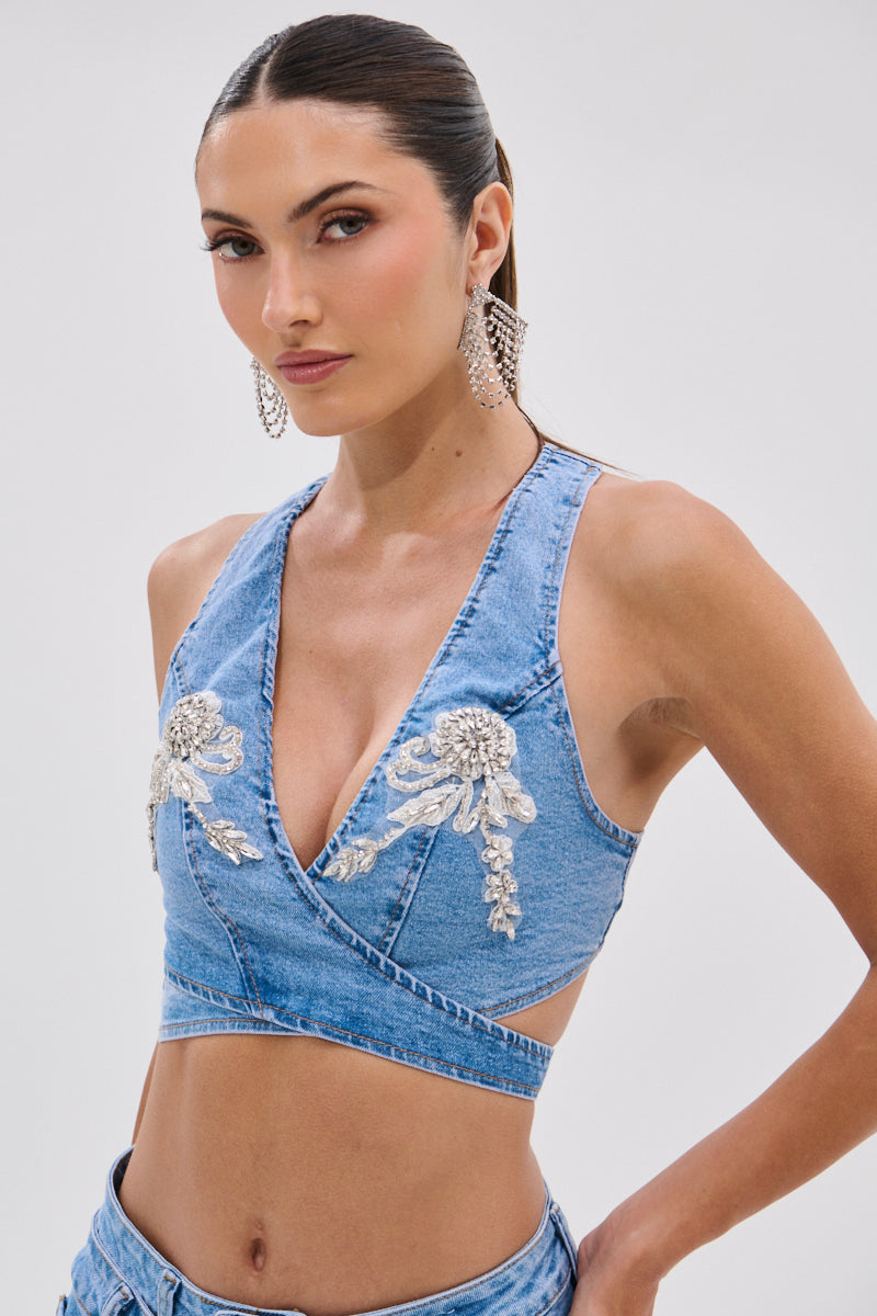 DIVALICIOUS DENIM BRA TOP IN LIGHT BLUE