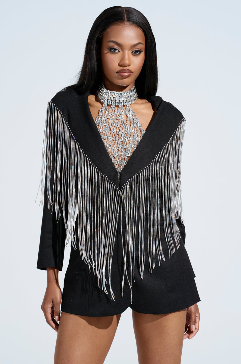 DRIPPY RHINESTONE FRINGE BLAZER