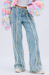 EILEEN DISTRESSED LACE UP WIDE LEG JEAN