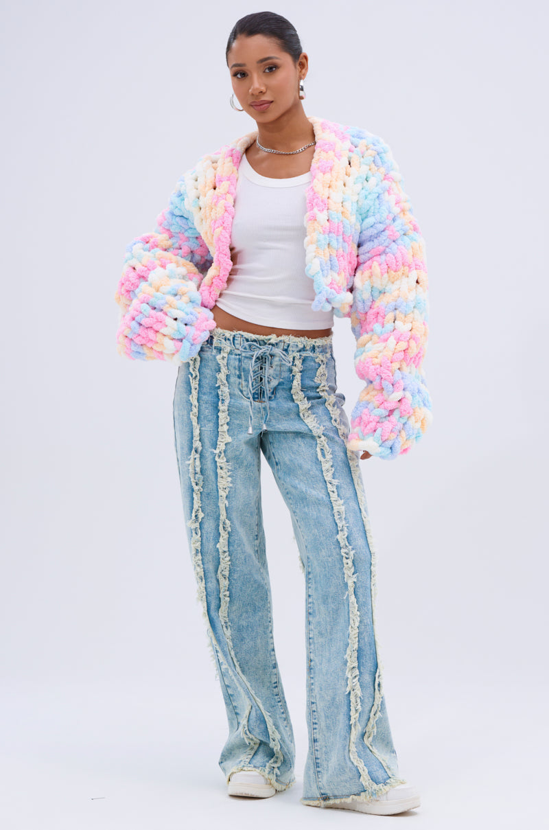 EILEEN DISTRESSED LACE UP WIDE LEG JEAN