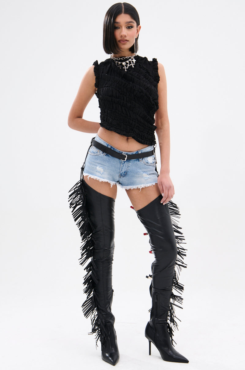 AZALEA WANG KATRICE BLACK STILETTO WESTERN FRINGE CHAP BOOT