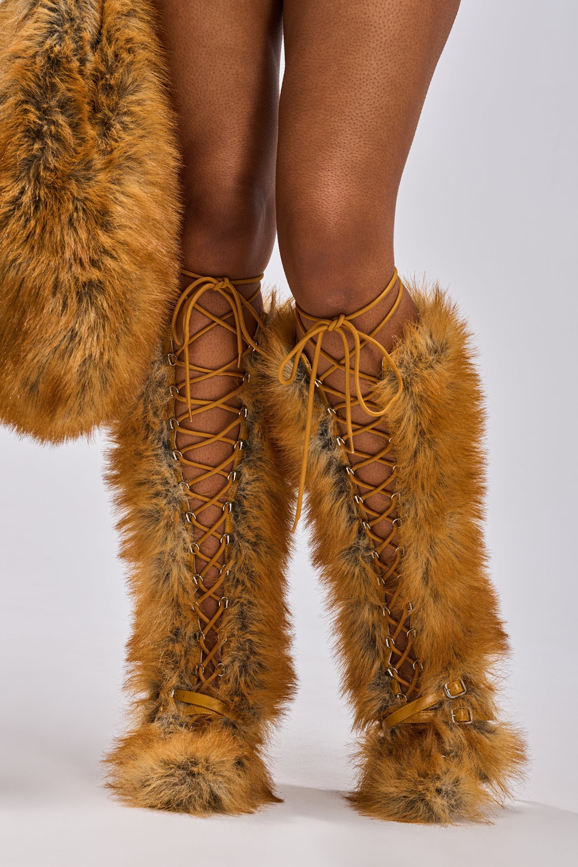 AZALEA WANG LOURDANNE TAN FUR LACE UP STILETTO BOOT