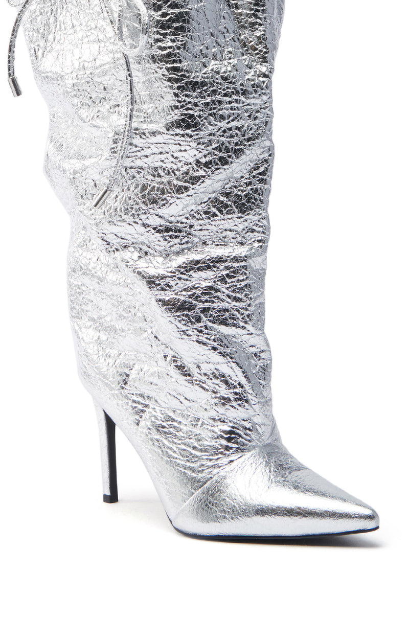 AZALEA WANG MARIT SILVER CRACKLE BOOT WITH CINCHING MECHANISM