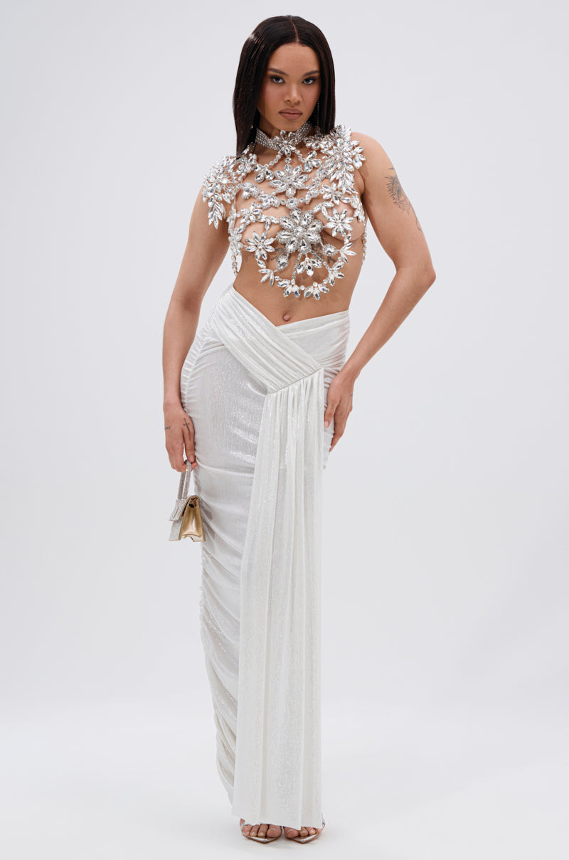 ALL OF THE GLAMOUR SLINKY MAXI SKIRT IN WHITE