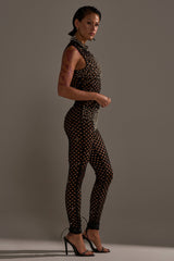 COULD NEVER BE ME BEADED MESH JUMPSUIT