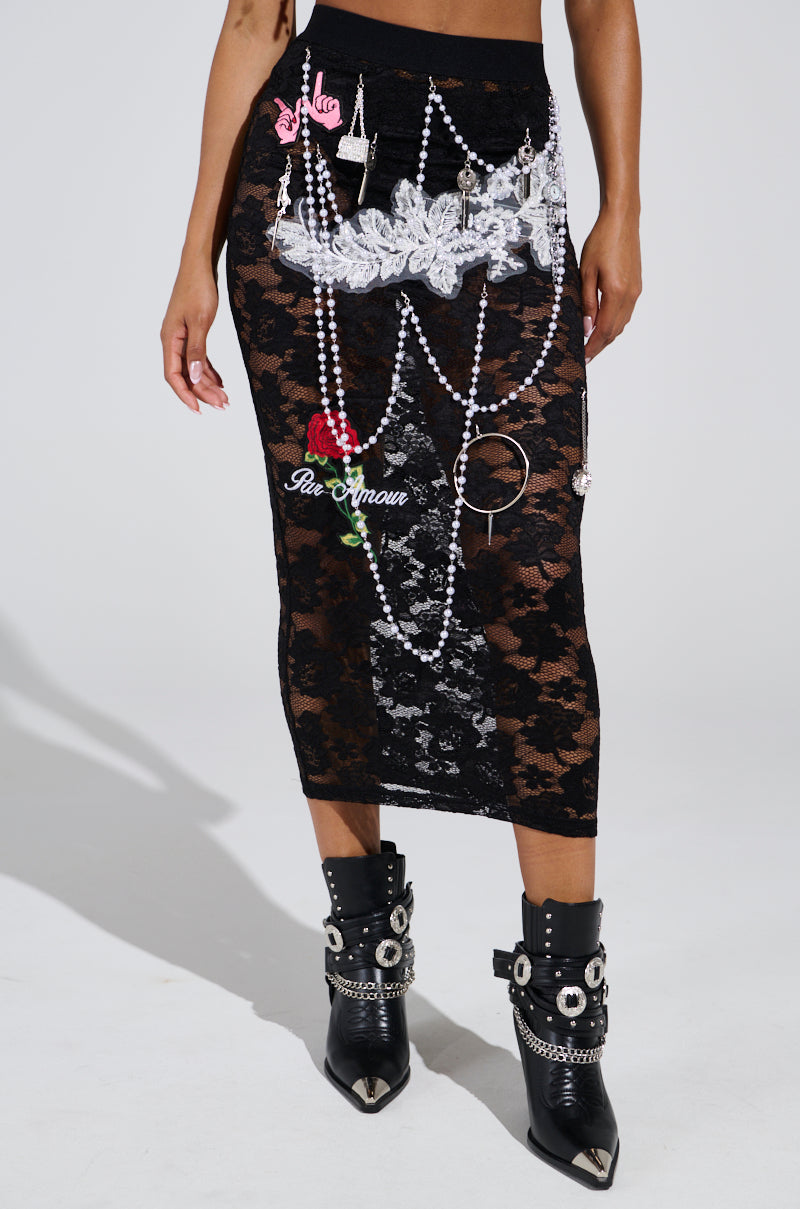 CONTROLLED CHAOS LACE MIDI SKIRT
