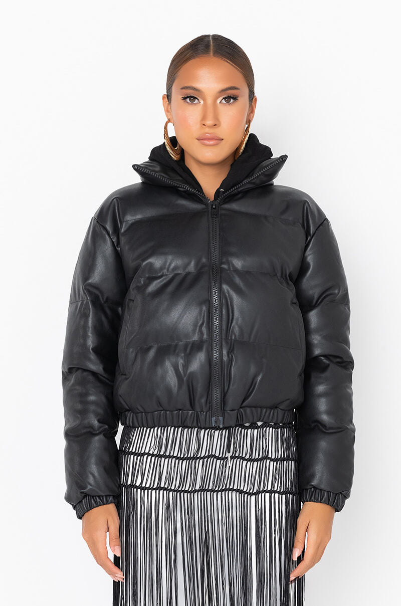 ALL BLACK PLEATHER PUFFER JACKET