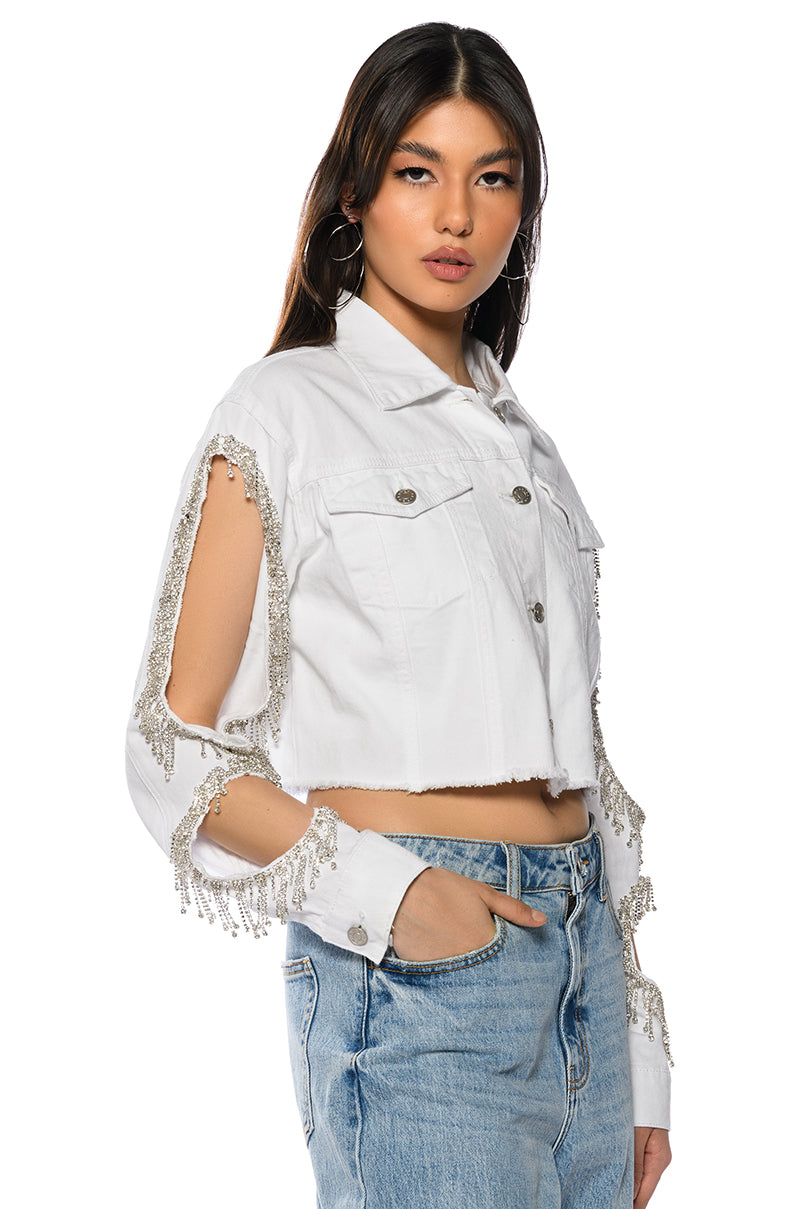 AZALEA WANG CUT OUT ARM RHINESTONE DENIM JACKET
