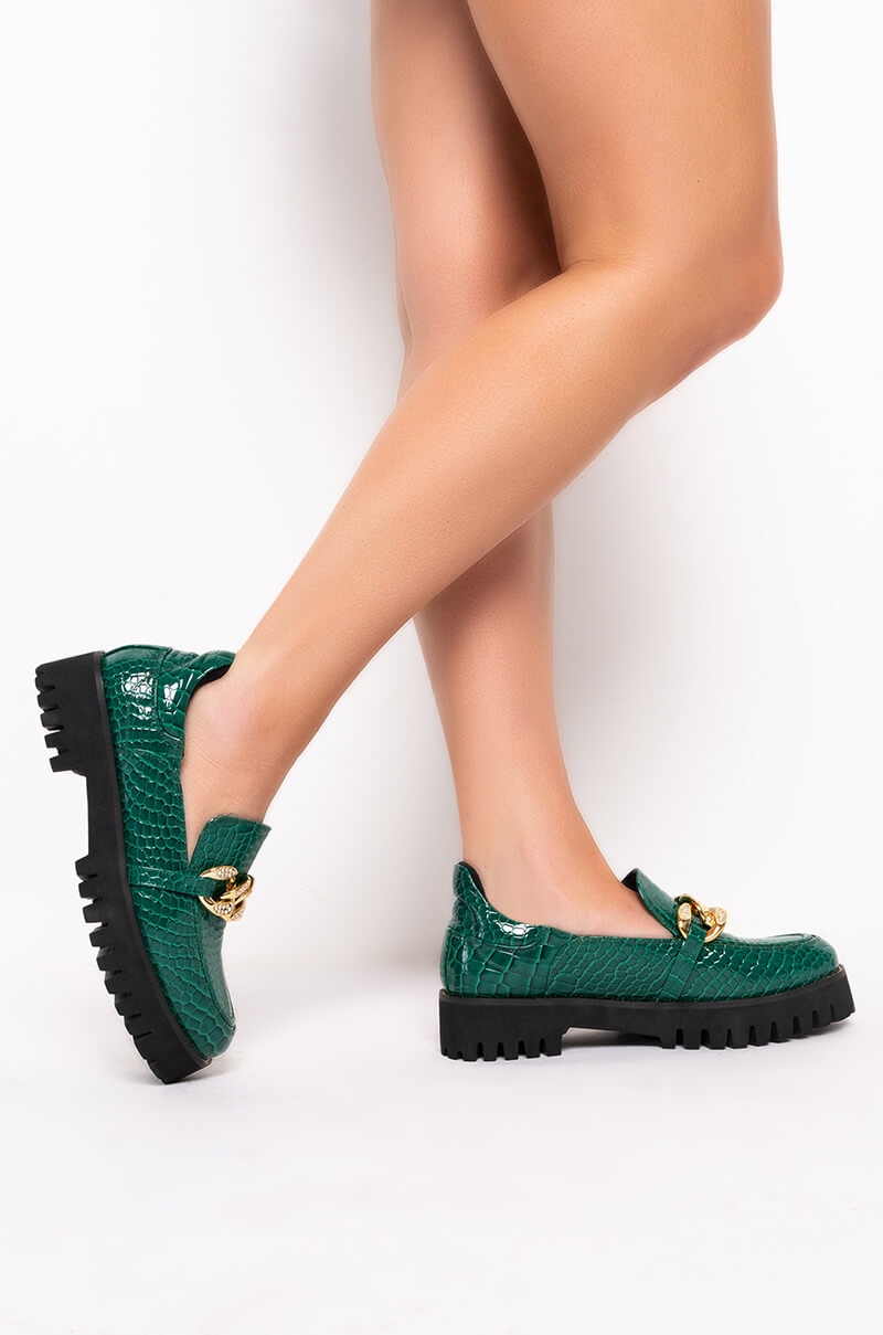 AZALEA WANG MY WAY FLATFORM LOAFER IN GREEN CROC