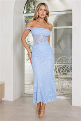 Wink Hour Lace Off Shoulder Maxi Dress Blue