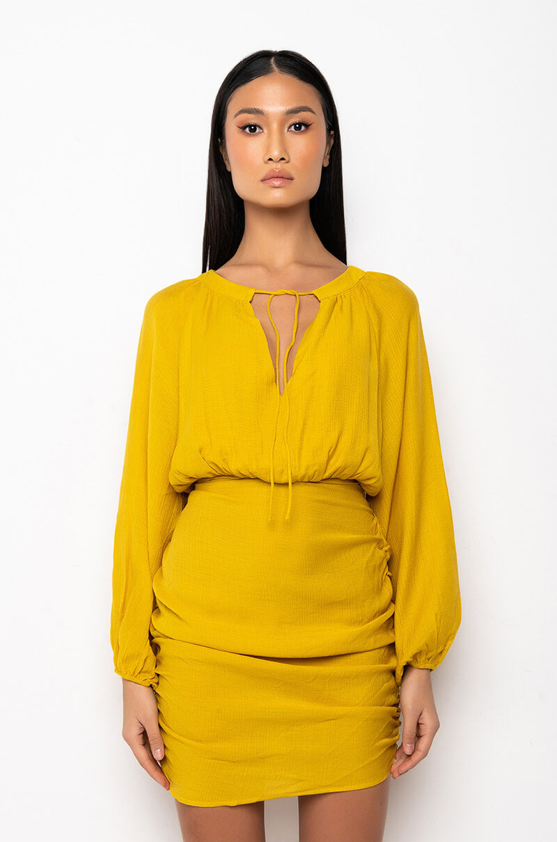 BOHO VIBES RUCHED MINI DRESS