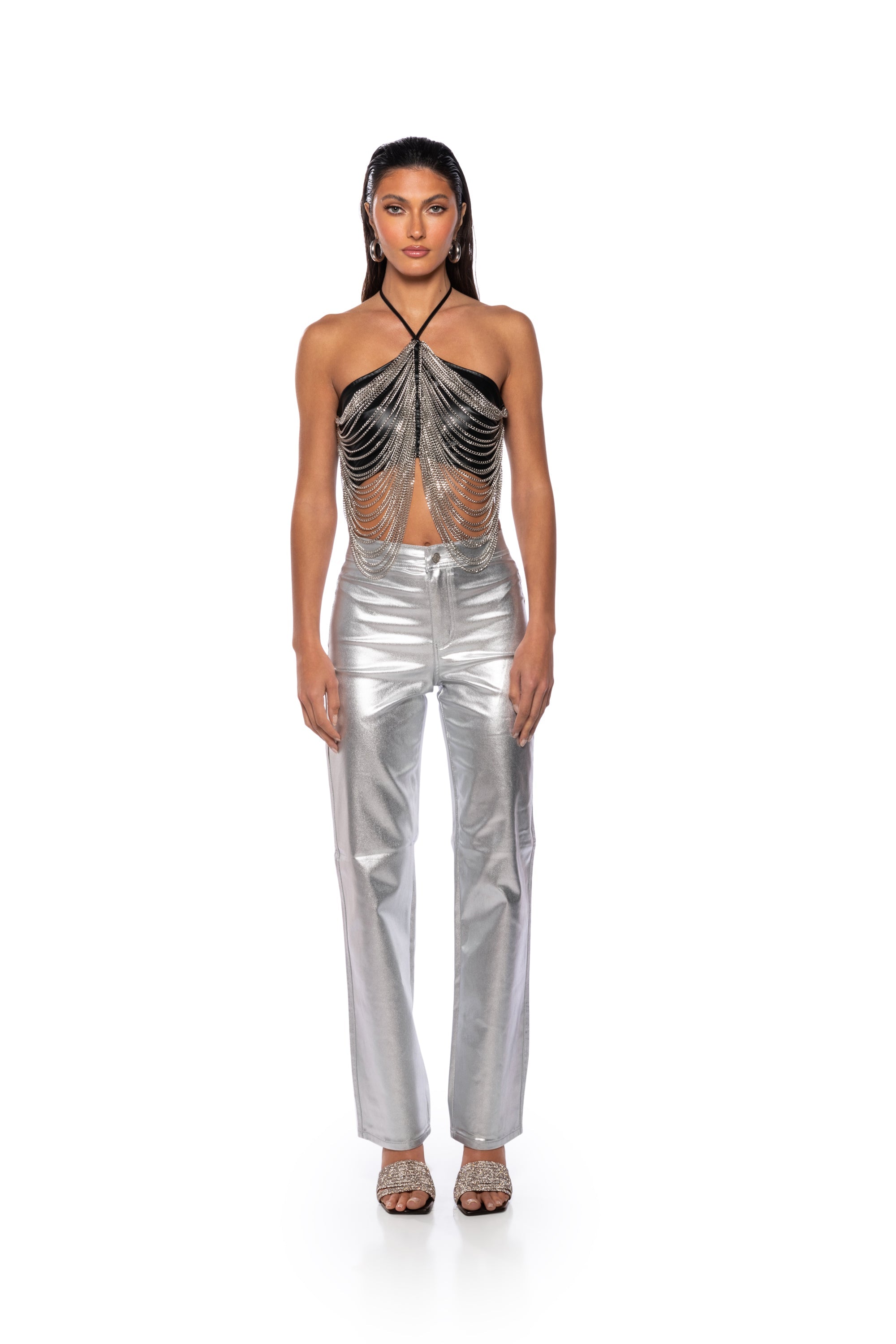 BORN TO SHINE METALLIC STRAIGHT LEG PANTS IN SILVER