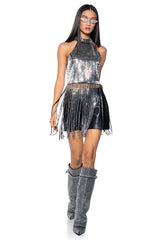 BREAK MY SOUL RHINESTONE EMBELLISHED MOCK NECK FRINGE TOP