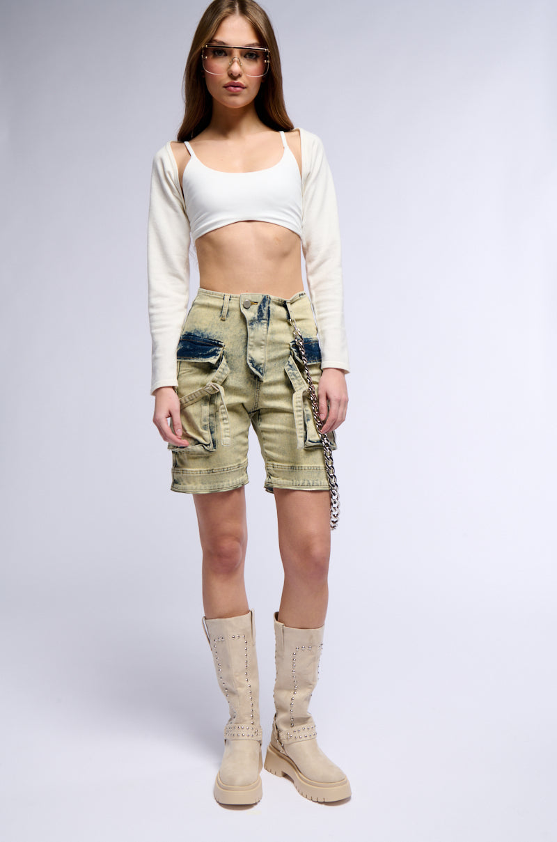 CAPRICE DISTRESSED DENIM CARGO CONVERTIBLE ZIP OFF PANT