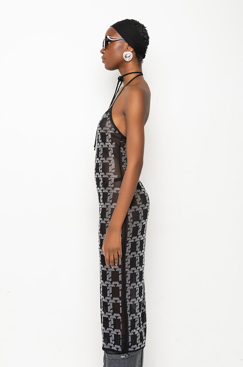 CHAIN ME UP RHINESTONE MESH MIDI DRESS