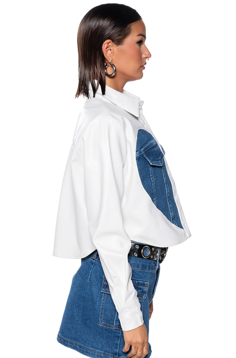 CLEAR LOVE FAUX LEATHER DENIM DETAIL BUTTON DOWN TOP