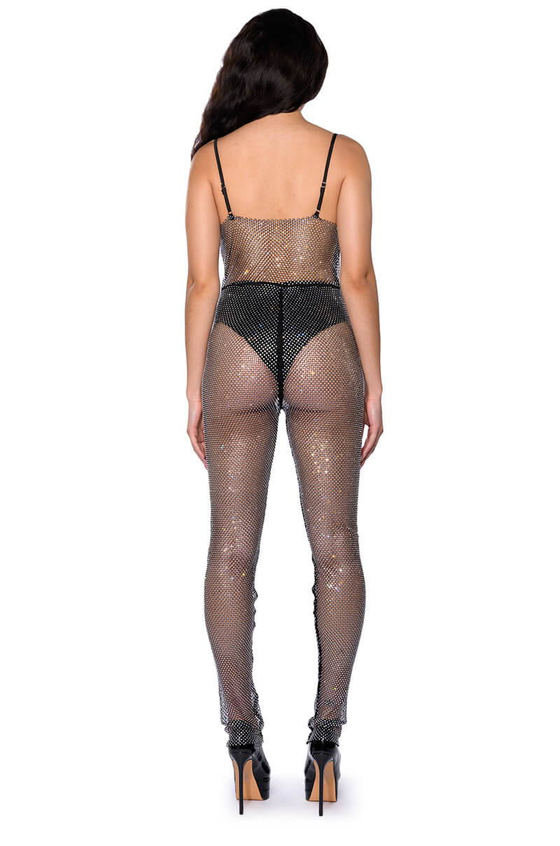 COWL NECK RHINESTONE MESH JUMPSUIT