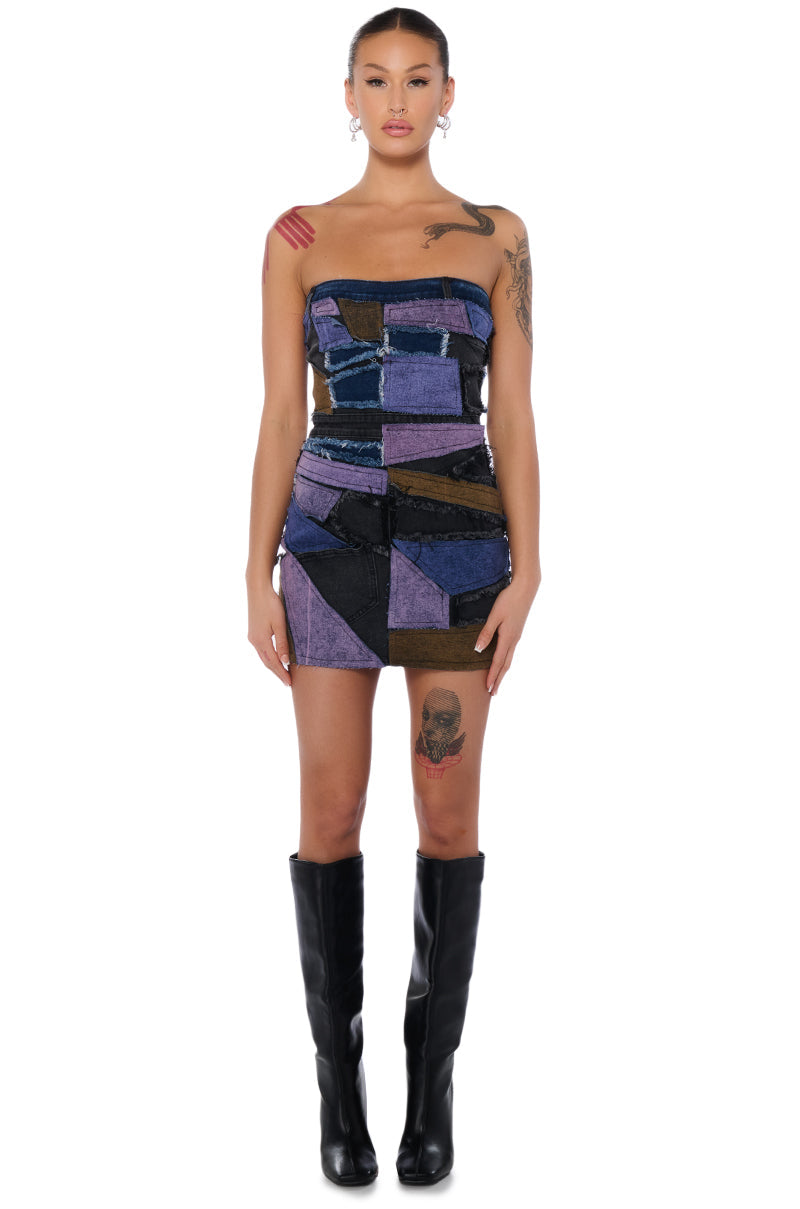 DENIM PATCHWORK MINI DRESS